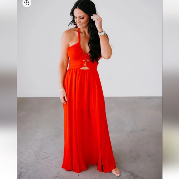 NWT Ophelia Maxi Halter Dress Red small $65 tie cutout, EB LUXE Los Angeles - Picture 2 of 9